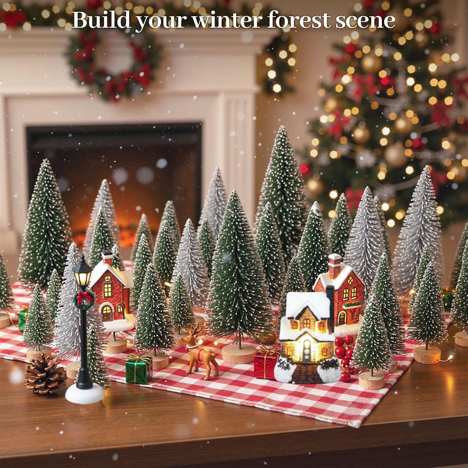 LOVEINUSA 45PCS Colorful Mini Christmas Trees, Snow Frosted Sisal Bottle Brush Trees with Wooden Base for Xmas Winter Home Table Decoration